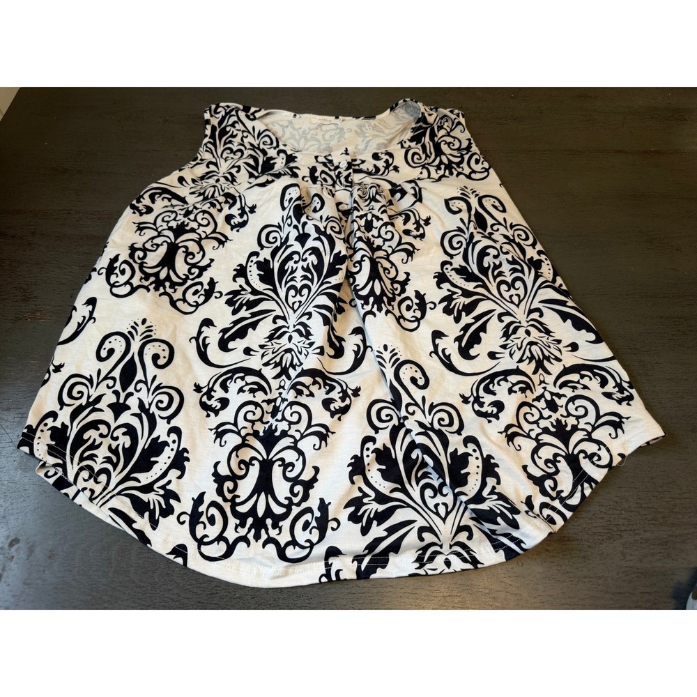 Haute Edition Black White Damask Floral Sleeveless Tank Top Pleated Tunic 2X